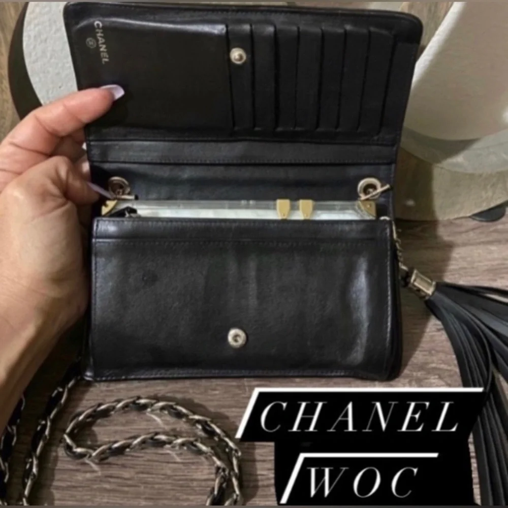 🐼🖤Chanel Sevruga CC Logo Wallet with Crossbody or Shoulder Style Chain Bag